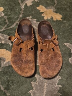 Birkenstock Brown Suede Clogs with Buckle